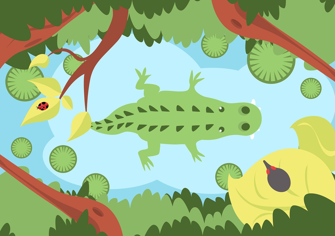 illustration avec un crocodile qui flotte dans une rivière décors arbres