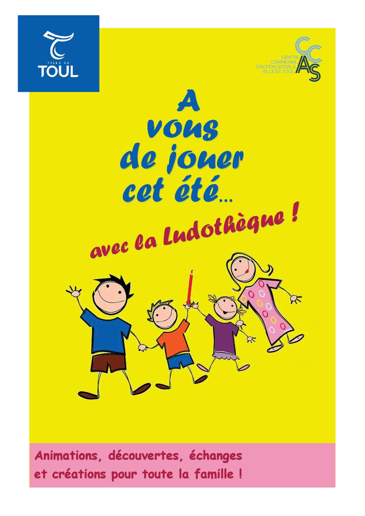 AFFICHE FOND JAUNE AVEC ILLUSTRATION FAMILLE QUI VA JOUER LUDOTHEQUE