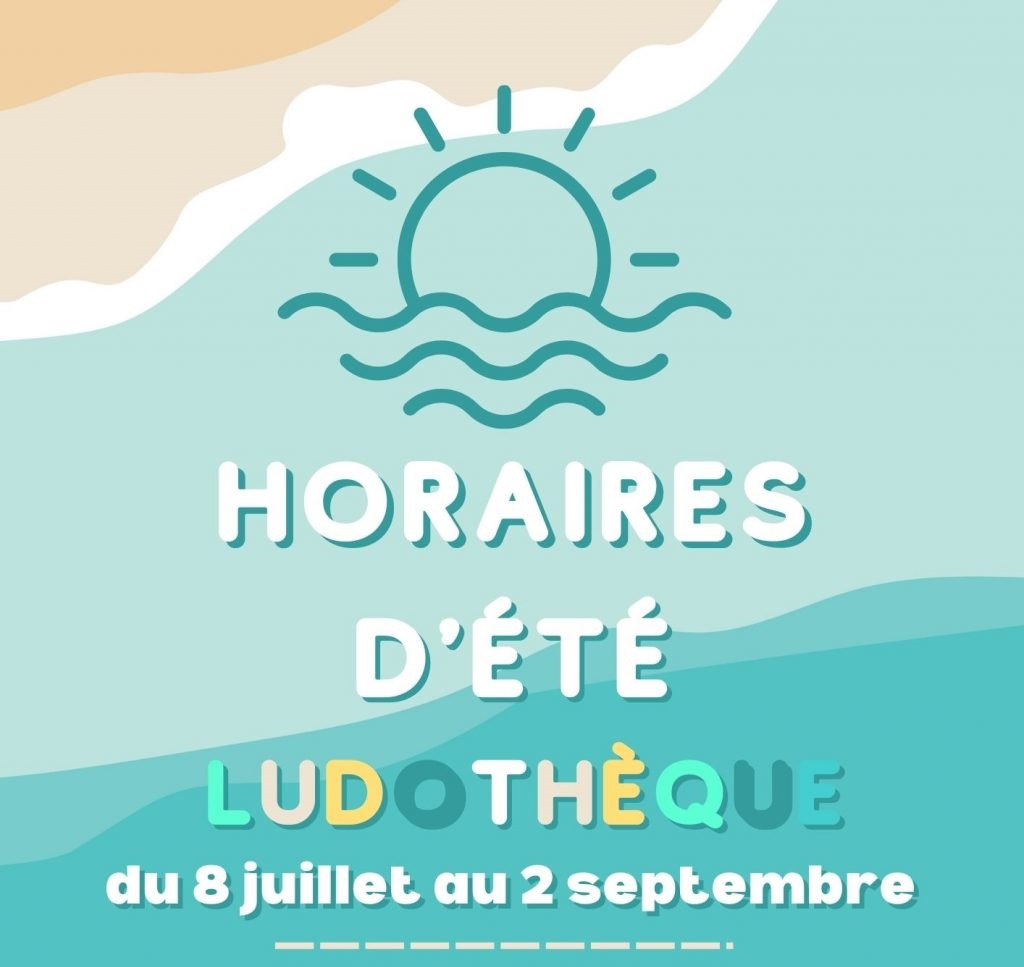 affiche fond bleu horaires d'été ludothèque - logo soleil