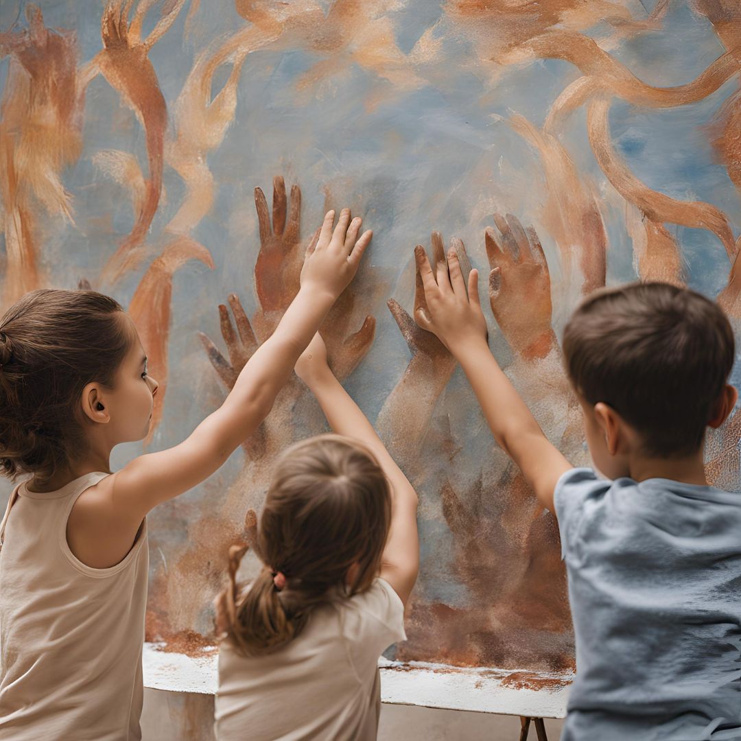 Image d'enfants réalisant une fresque avec de la peinture