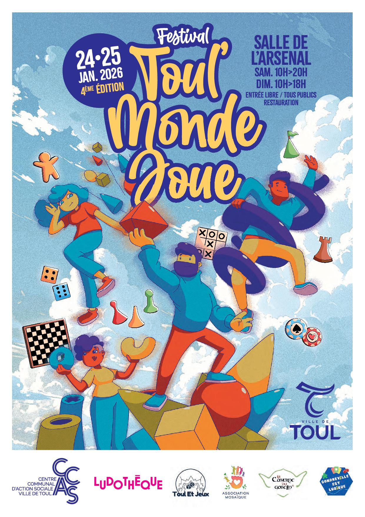 affiche festival jeux avec illustrations de jeux et de personnages fun