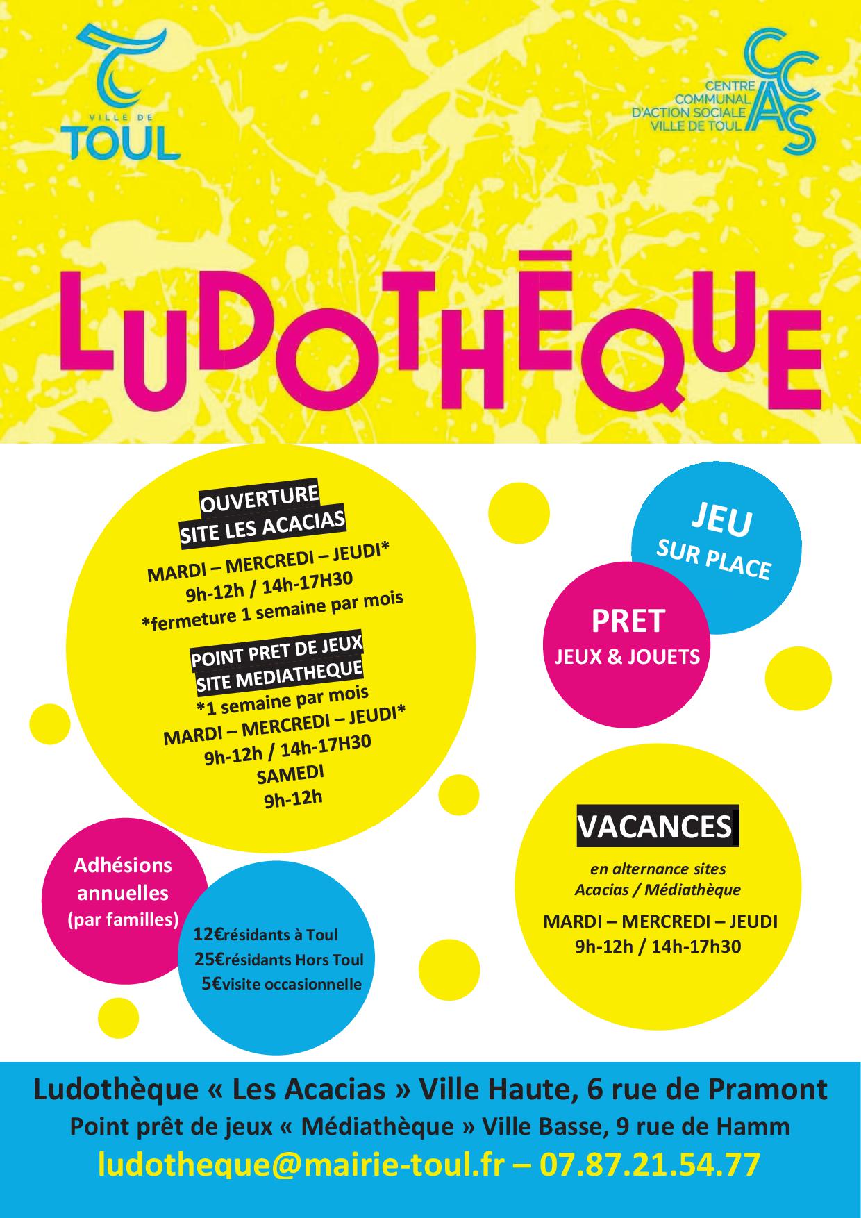 flyer ludotheque avec les horaires sur fond couleur